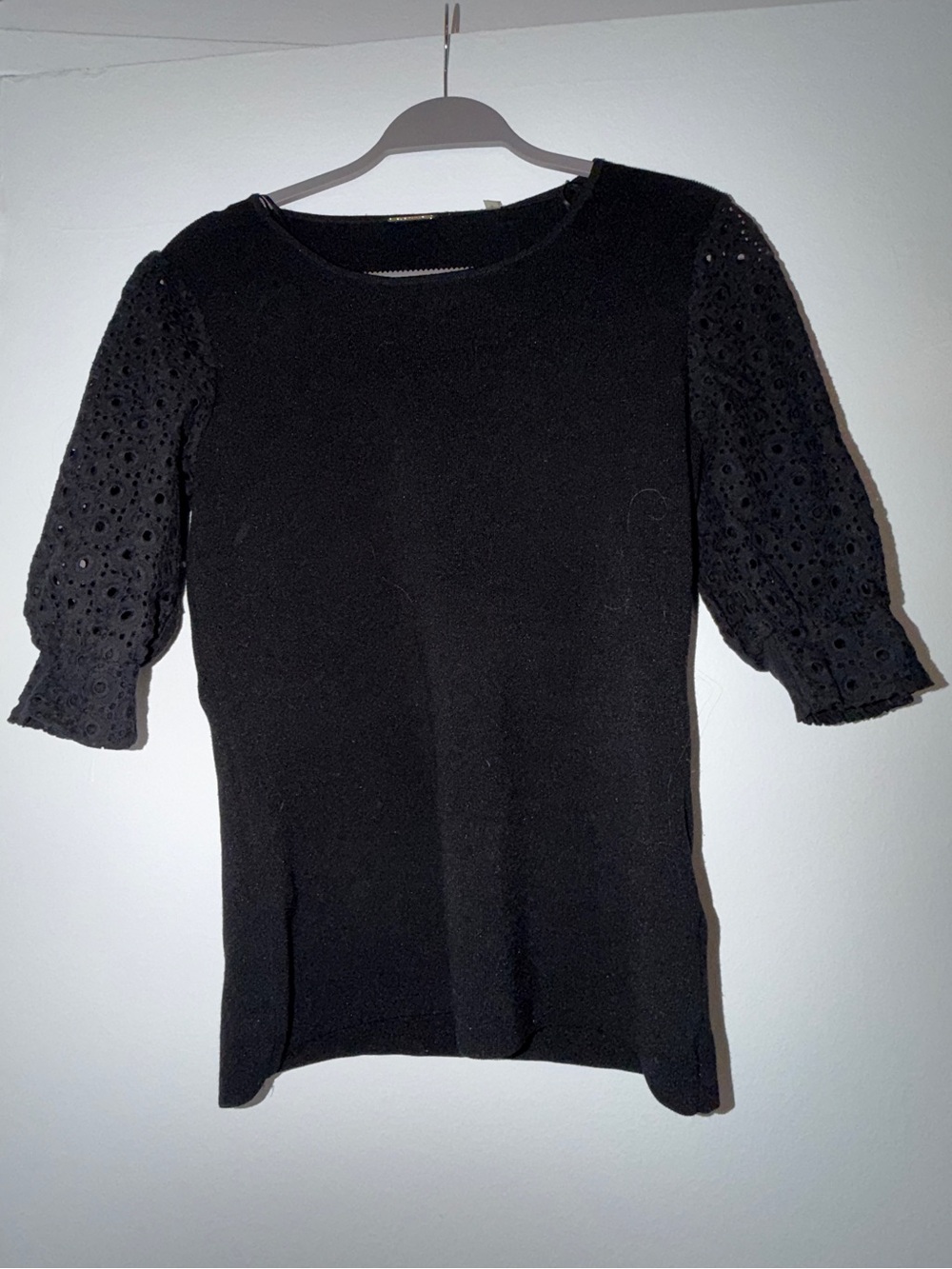 Black Eyelet Sleeve Knit Top Elie Tahari